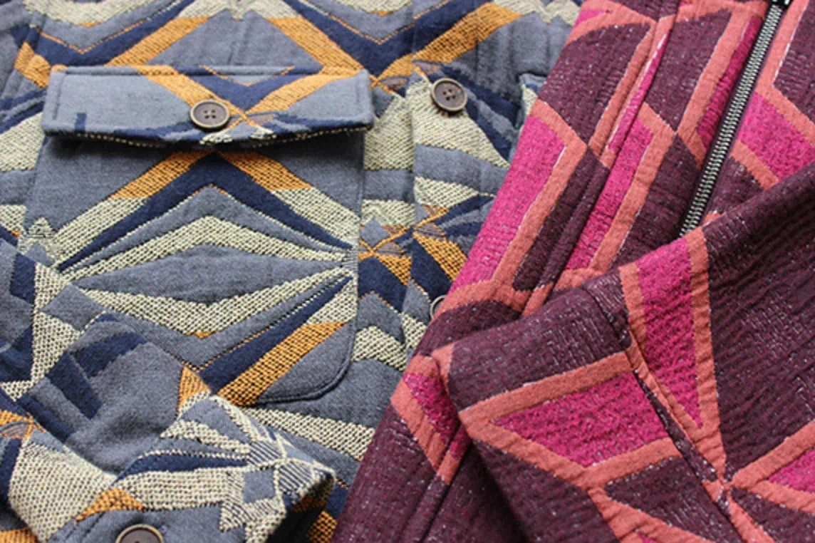 Close-up of tapestry-inspired jacquard fabric with bold patterns enhanced by vibrant color selection.